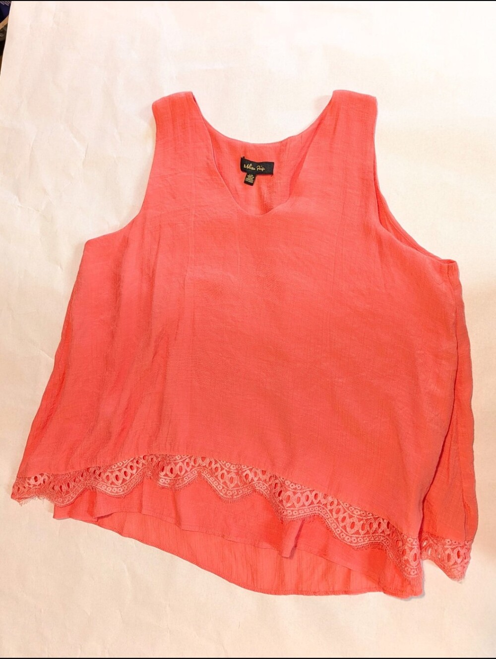 Melissa Paige Top Womens Large Coral Pink Sleeveless Flare Tank Top Lace Trim